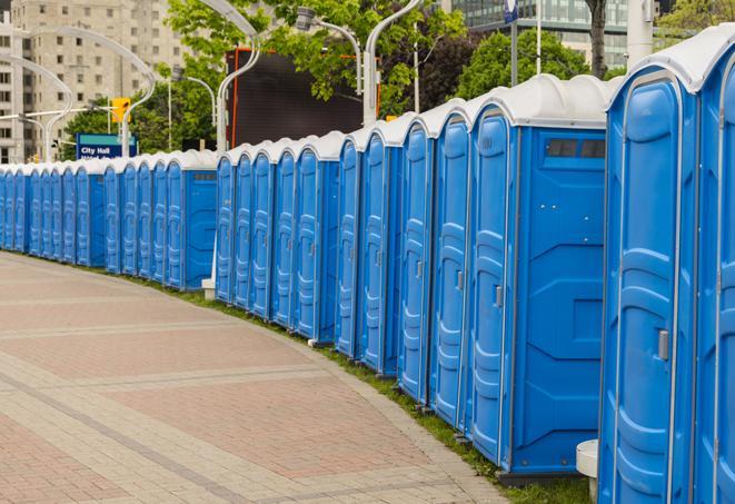 a row of portable restrooms for a special event, ensuring guests have access to clean facilities in Brandywine